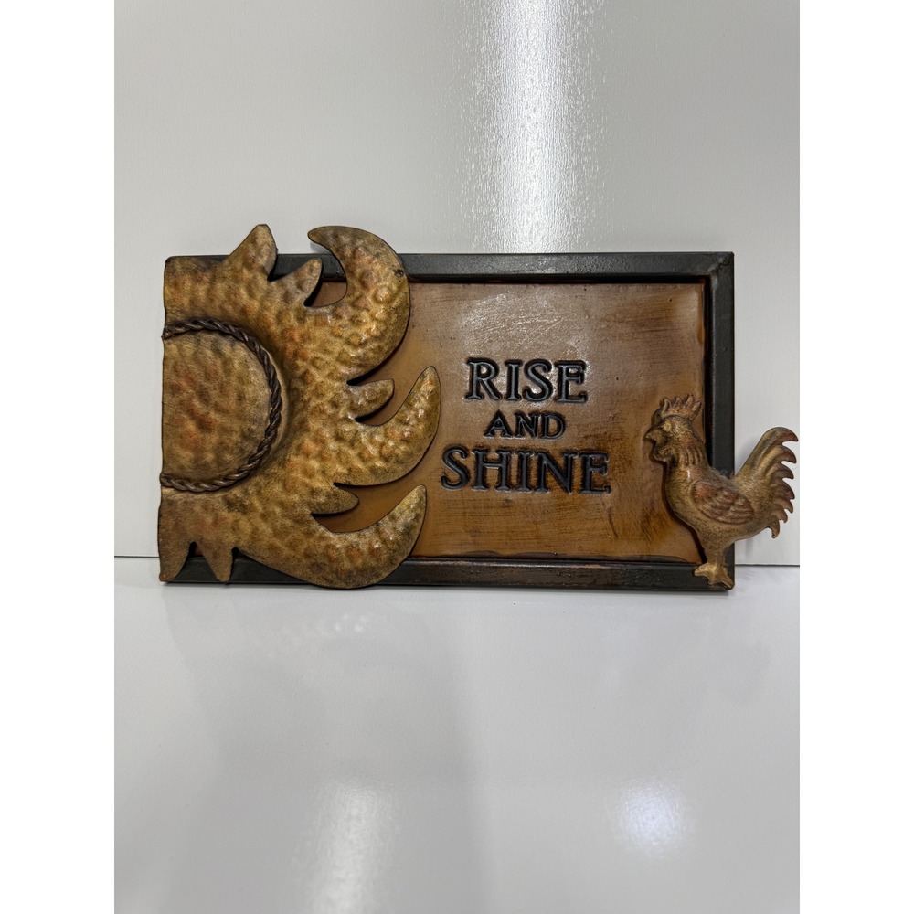 Rise and Shine Metal Wall Sign Rustic Farmhouse Rooster Sun Decor 12in